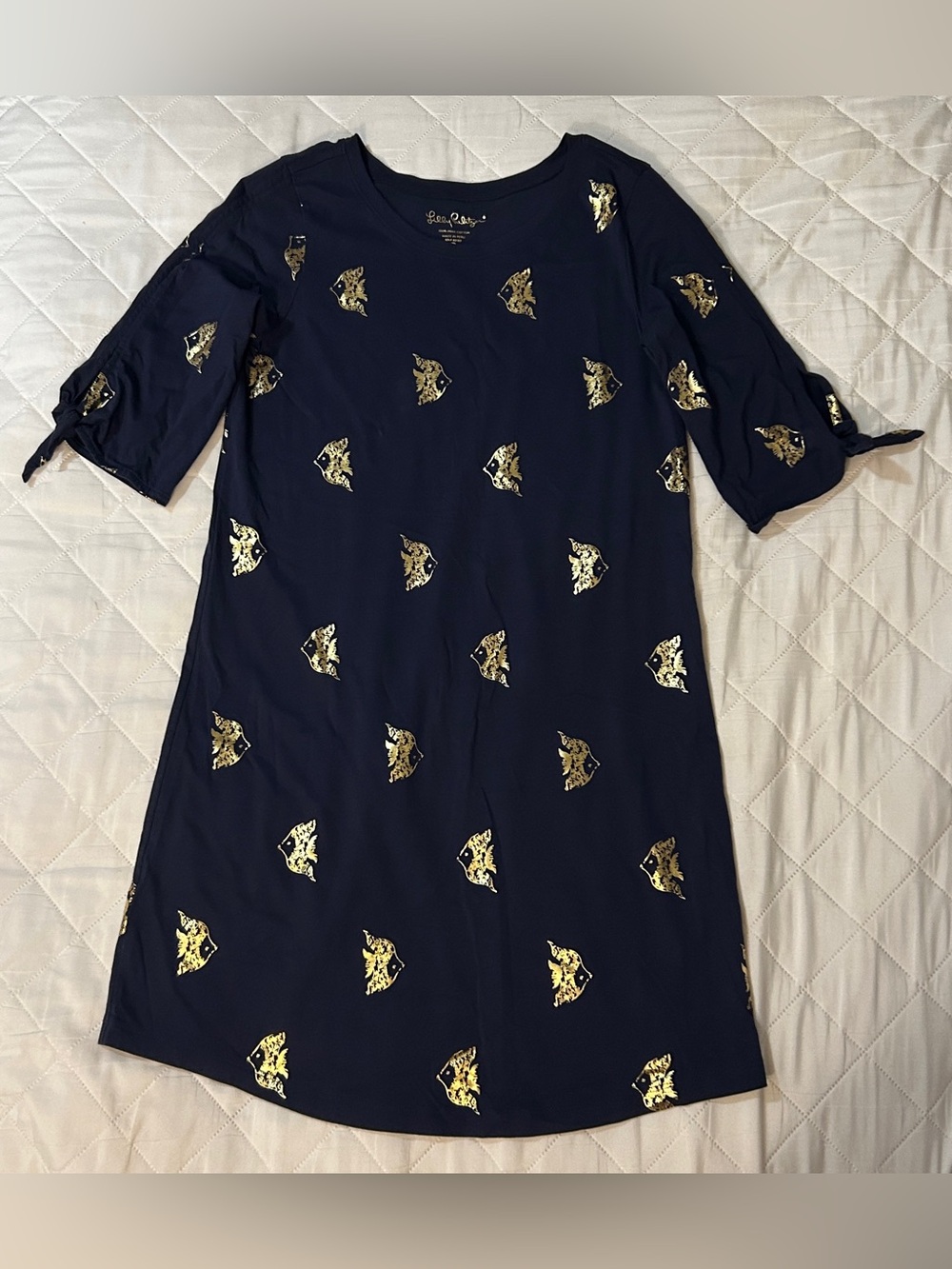 Lilly Pulitzer Navy Preston Midi Dress with Gold Foil “Reel It In”  Fish Motif